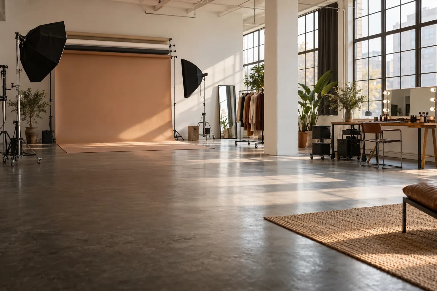 Estudio de foto y video con fondos, luces y sector de producción