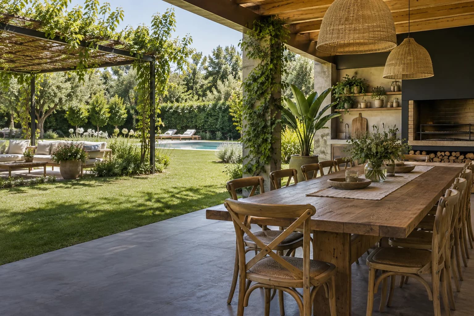 Quincho con jardín, pileta y mesa amplia preparado para un encuentro diurno