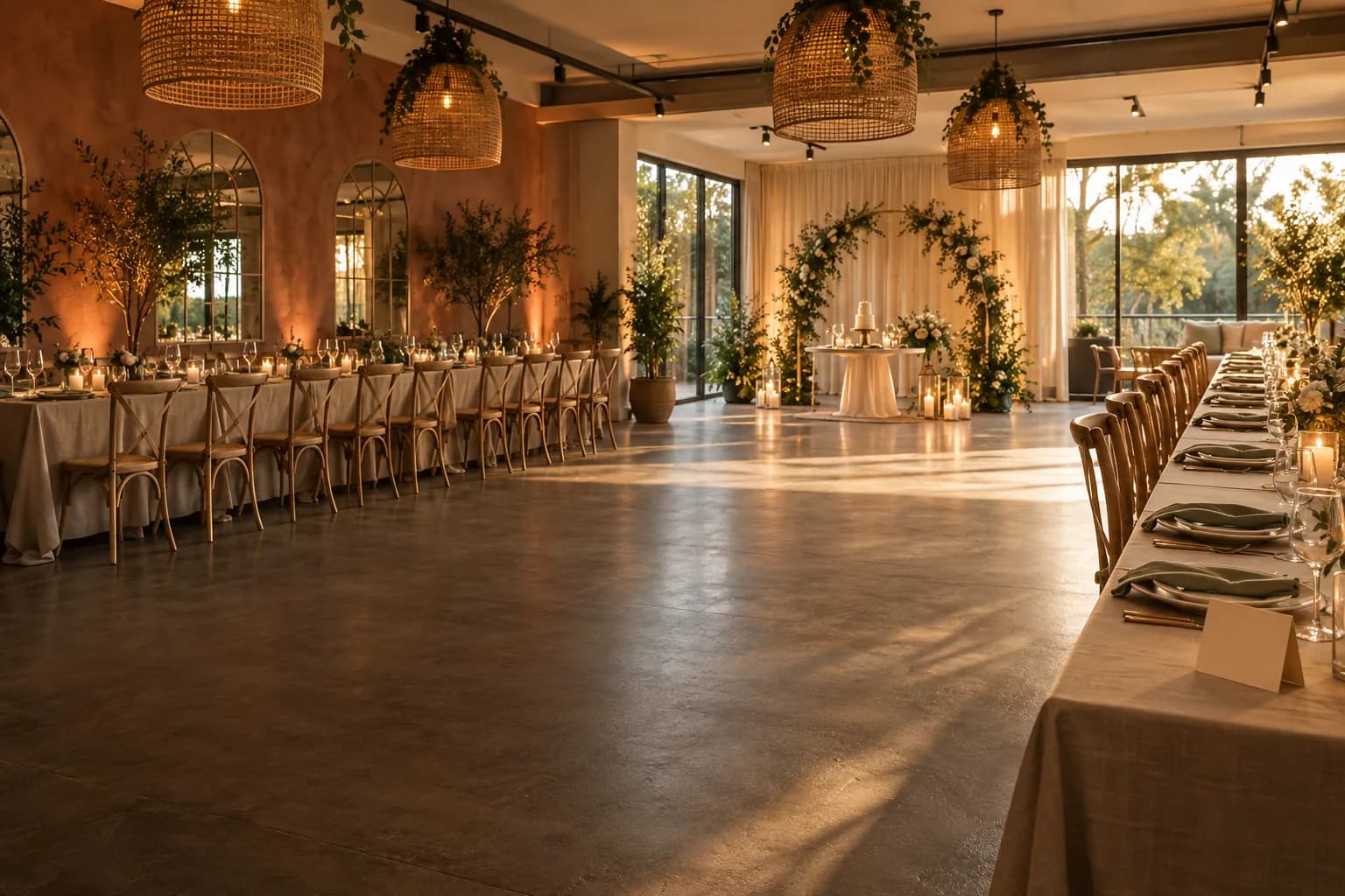 Salón de eventos preparado para una celebración, con mesas, luces cálidas y un espacio central libre